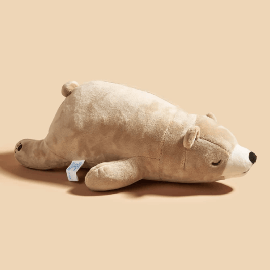 A brown teddy bear dog toy with a squeaker inside. The toy is made of soft plush material and is perfect for cuddling. It is a great toy for dogs who suffer from anxiety or stress.