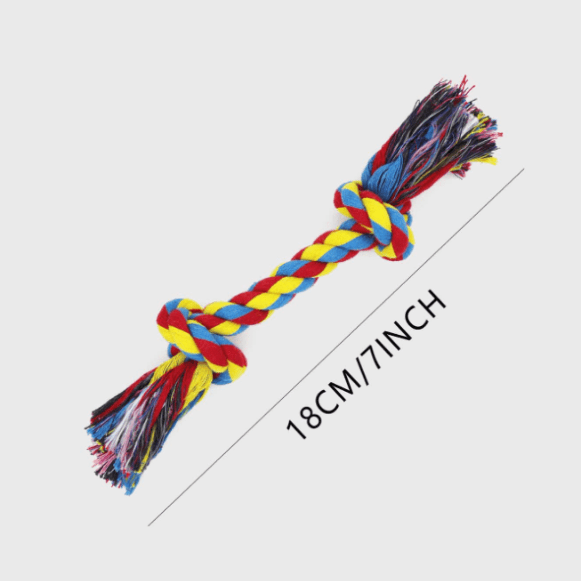 A multicolored braided rope dog toy with a knotted design. The toy is made of natural materials and is lightweight and easy for dogs to carry around. It is perfect for aggressive chewers and promotes healthy chewing behavior.