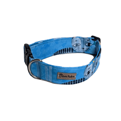 Blue Cat Silhouette Dog Collar - A stylish and durable dog collar featuring a charming cat silhouette design in a vibrant blue color.