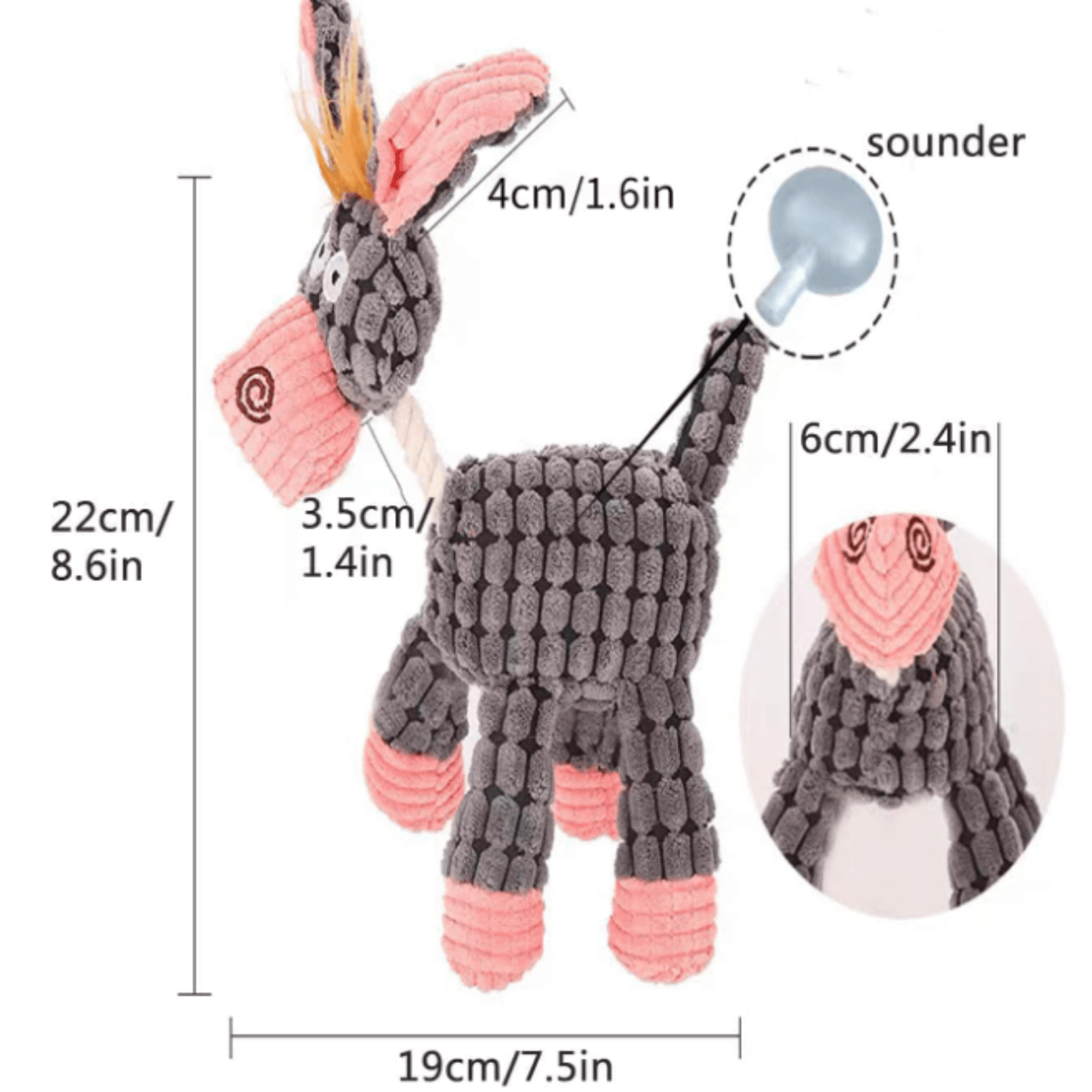 A stuffed donkey dog toy. The donkey is gray with a shorter neck and legs. Both toys have squeakers inside. The toys are made of soft, plush material and are perfect for both large and small dogs.