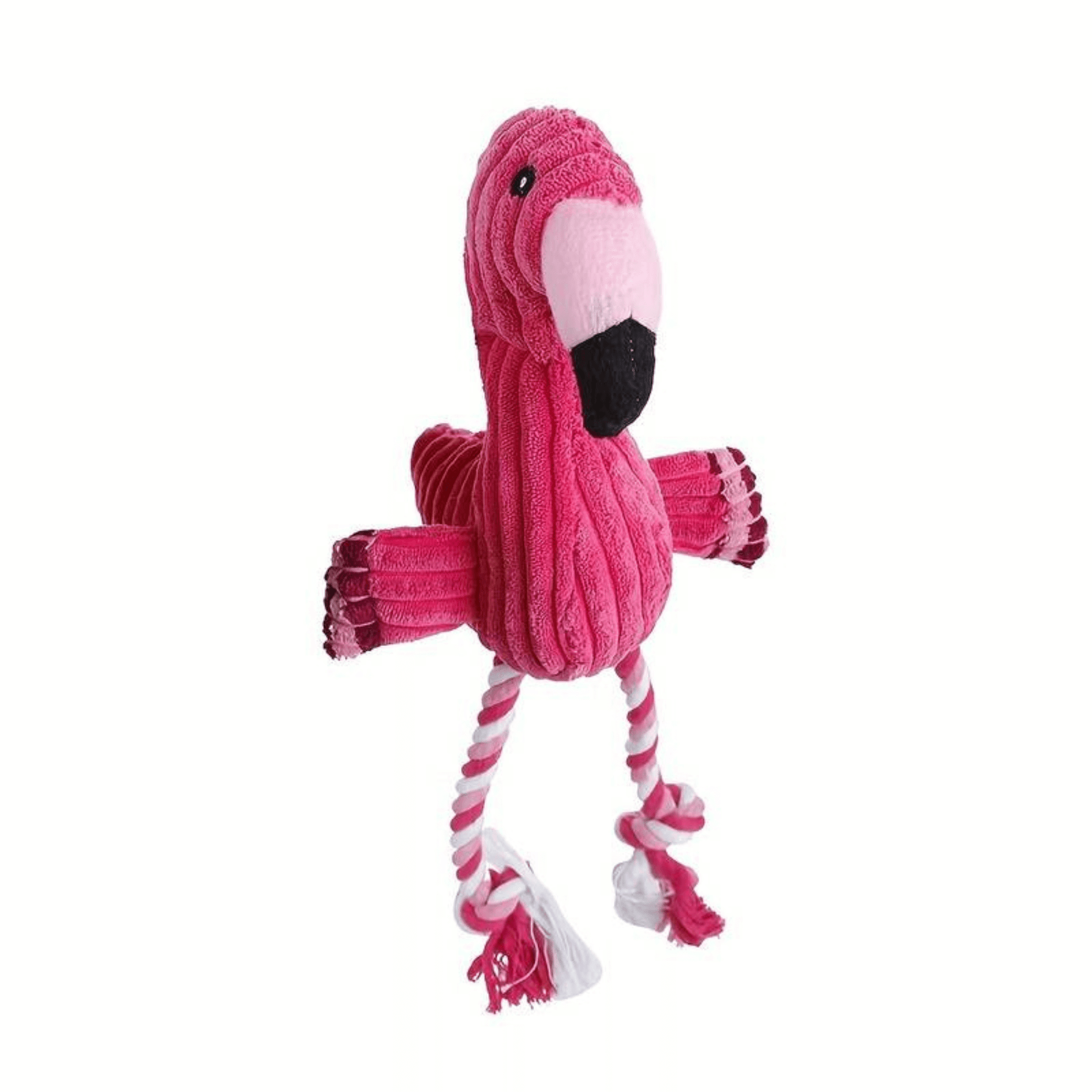 A close-up of the head of a pink flamingo dog toy. The toy has a soft, plush bill and eyes, and it has a squeaker inside. The toy is perfect for both large and small dogs, and it is sure to keep your furry friend entertained.