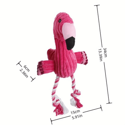 A measurement of the pink flamingo dog toy. The toy is perfect for both large and small dogs, and it is sure to keep your furry friend entertained.