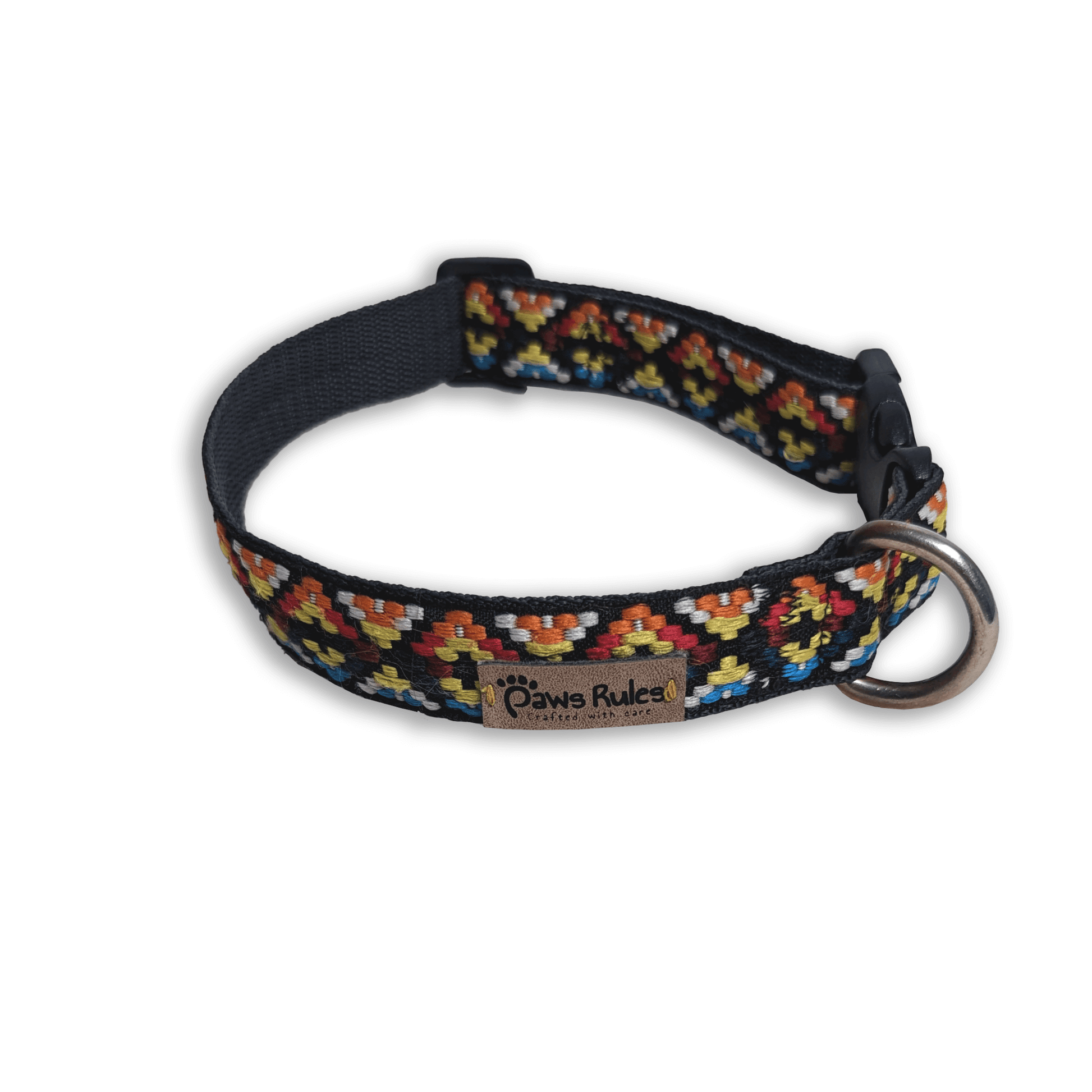 This photo shows a narrow rhomb dog collar in yellow and orange colors. The collar is made of quality materials and features a buckle closure. The collar is adjustable to fit dogs of all sizes.