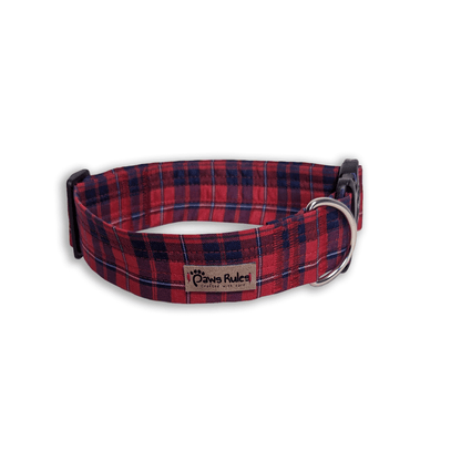 Red Tartan Collar for Dogs. A close-up image of the Red Tartan Collar. The collar is made of high-quality materials and features a vibrant red tartan pattern.